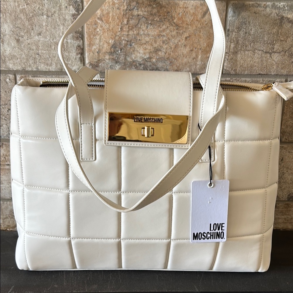 NWT Love Moschino Birsa Soft Cream Quilted Tote